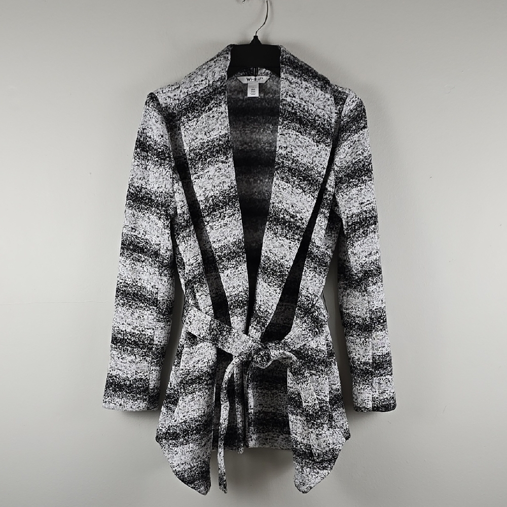 WHBM White House Black Market Black & White Striped Cardigan tie front jacket